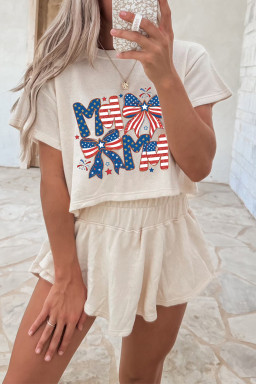 Beige Coquette Bow Patriotic MAMA Printed Crop Top Ruffle Skort Set