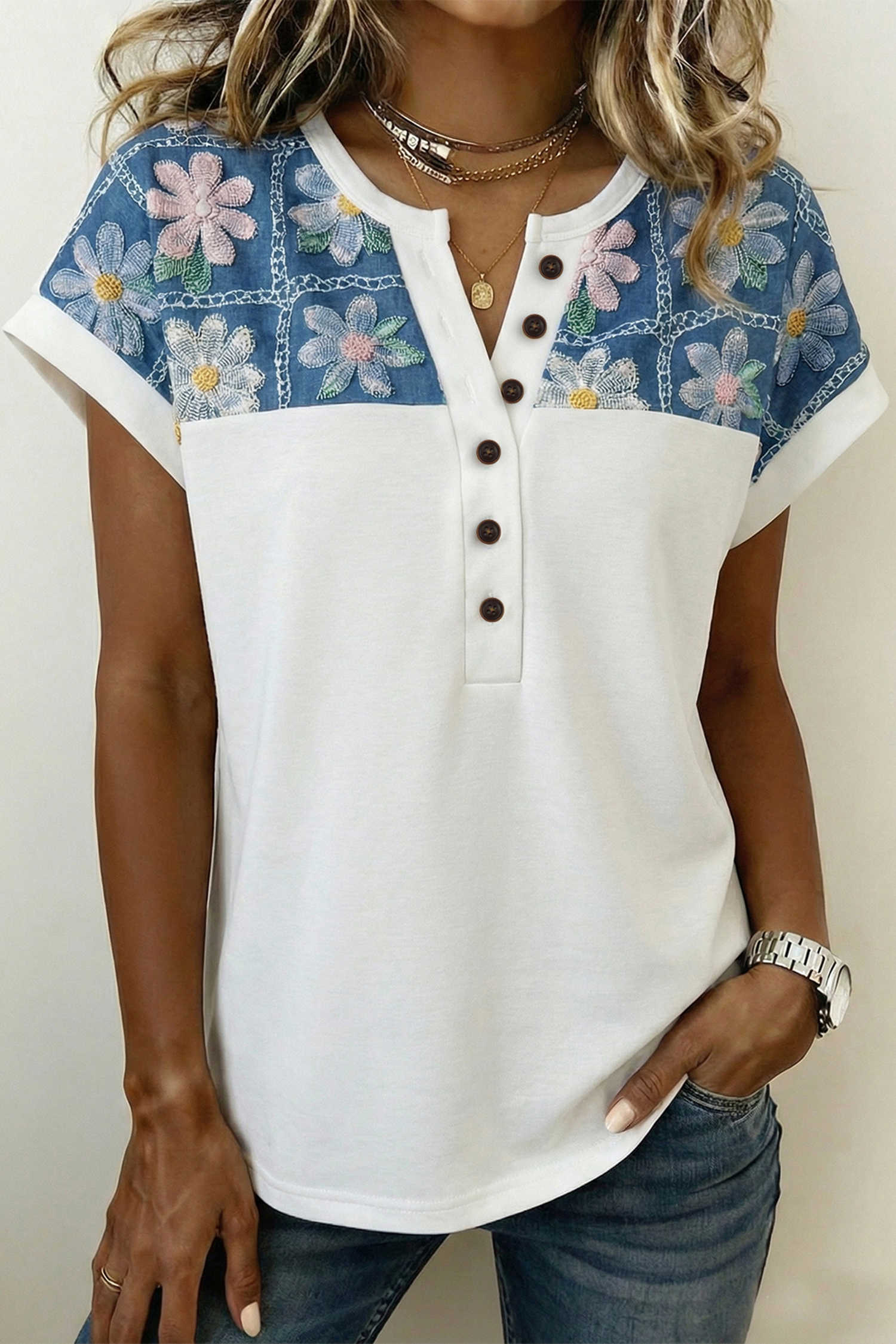 White Floral Patchwork Short Sleeve Viscose Blend Blouse