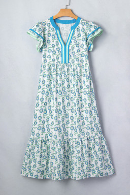 Sky Blue Cute Sunflower Printed Striped Patchwork Trim Flutter Sleeve Long Dress
