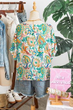 Green Boho Paisley Floral Printed Puff Sleeve Blouse