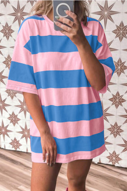 Bright Pink Striped Color Block Oversize Tunic Tee
