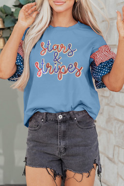 Beau Blue Sequin Stars & Stripes Contrast Patchwork Sleeve Top
