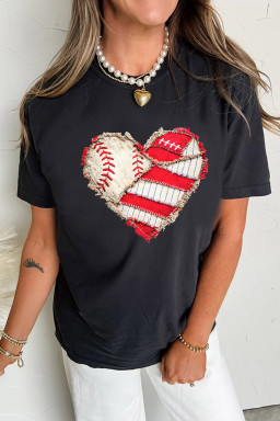 Black Baseball Distressed Heart Print T Shirt