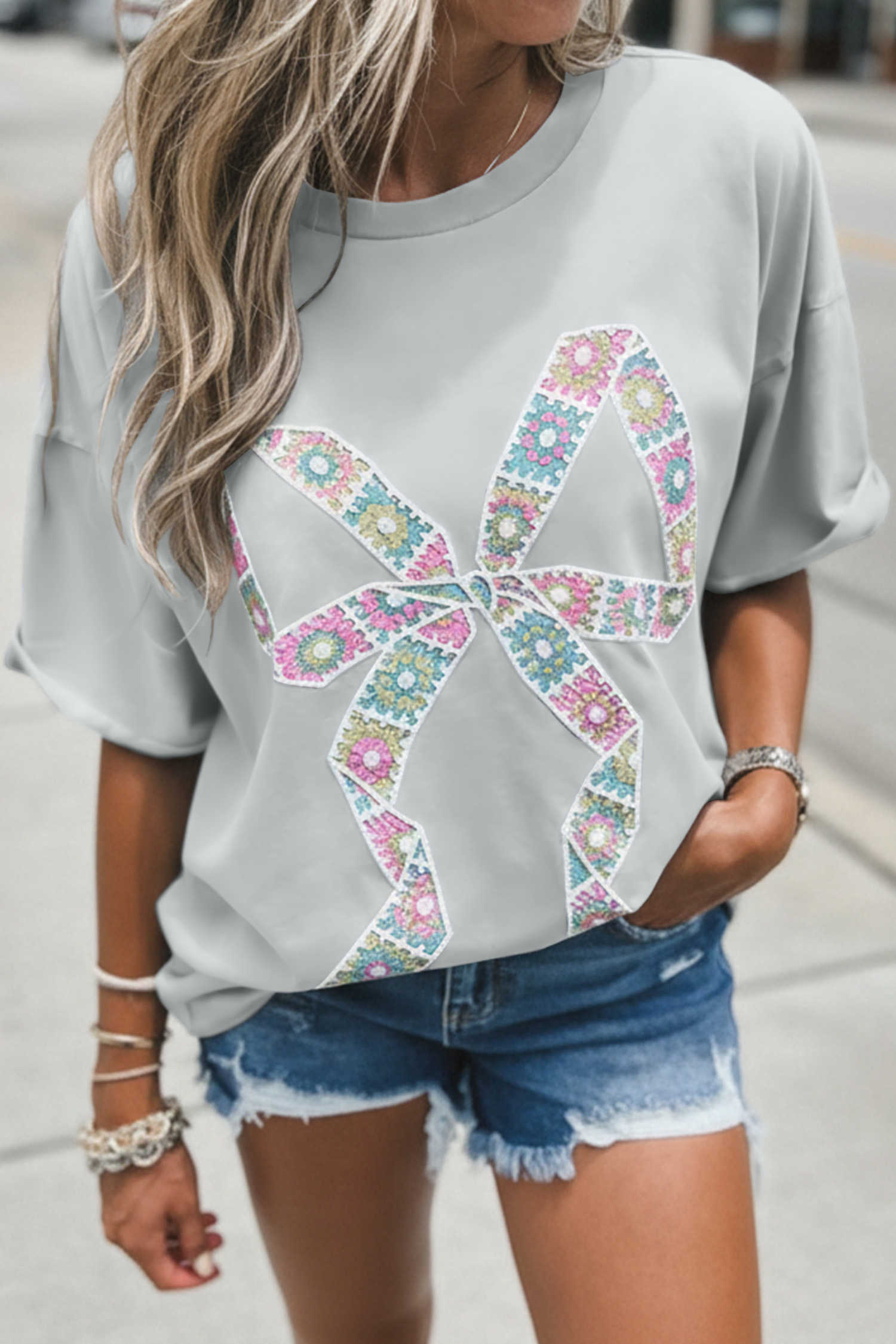 Light Grey Floral Crochet Ribbon Bow Patched Cotton T Shirt