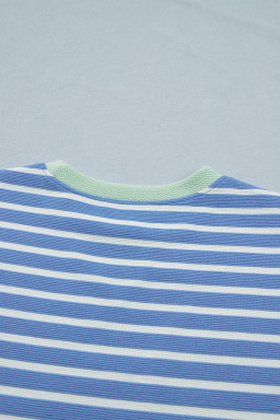 Sky Blue Stripe Contrast Trim Loose Short Sleeve Top