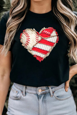 Black Baseball Distressed Heart Print T Shirt