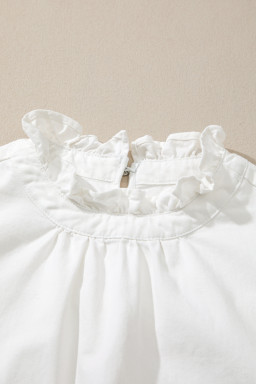 White Frilled Collar Flutter Sleeve Denim Top