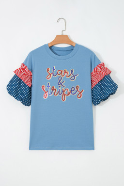 Beau Blue Sequin Stars & Stripes Contrast Patchwork Sleeve Top