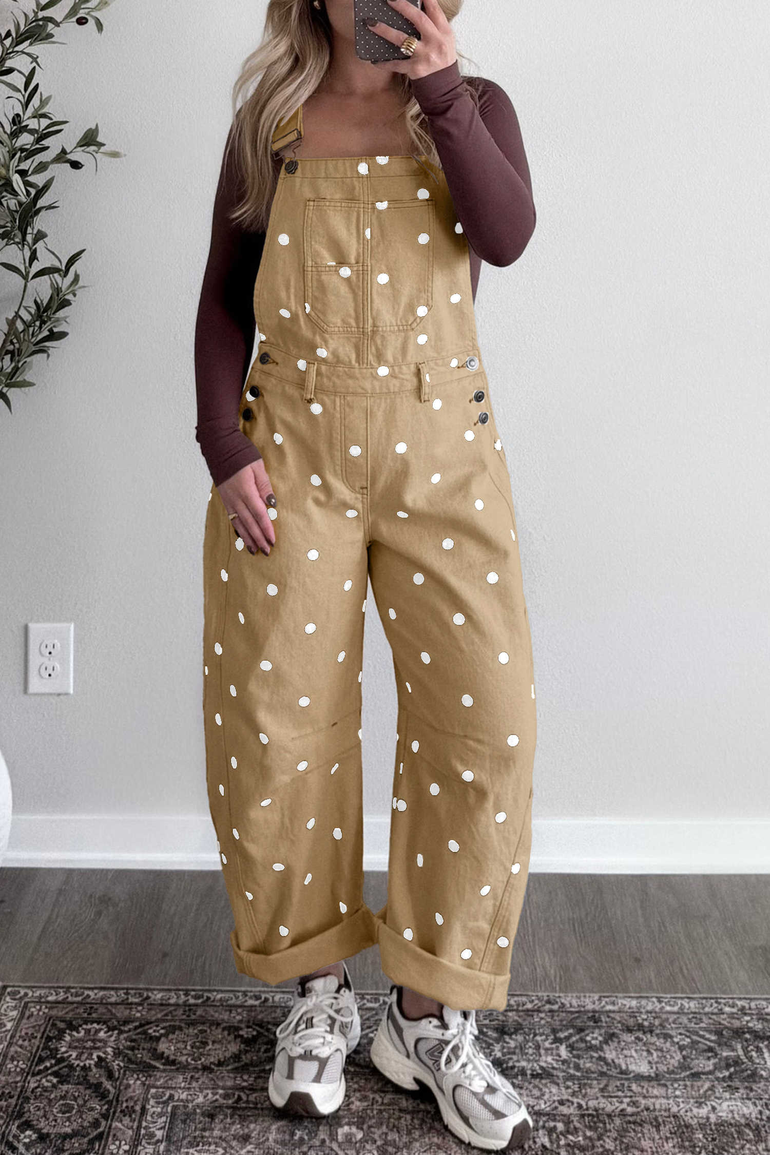 Light French Beige Polka Dot Print Bib Pocket Denim Barrel Overalls Jumpsuit