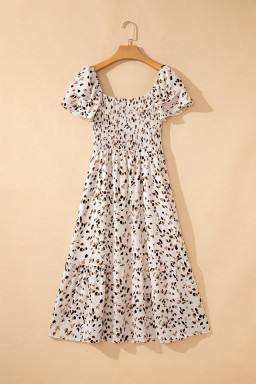Beige Ditsy Floral Print Smocked Square Neck Ruffle Short Sleeve Dress