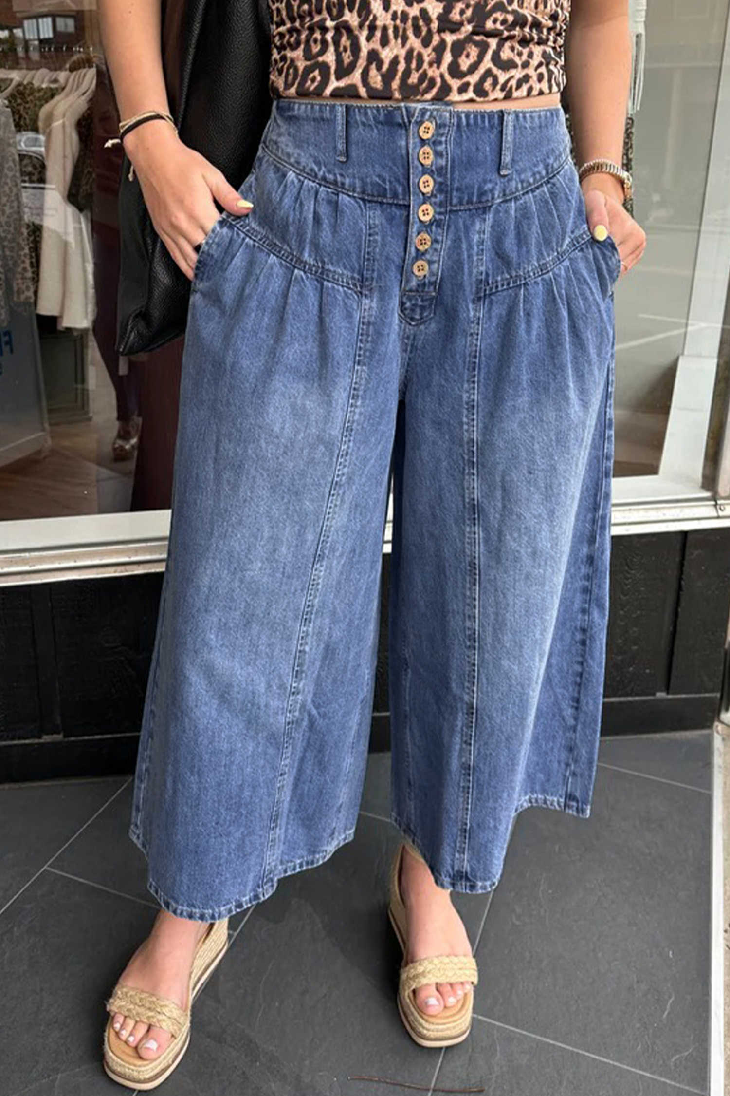 Dusk Blue High Rise Buttons Pleated Cropped Wide Leg Denim Pants