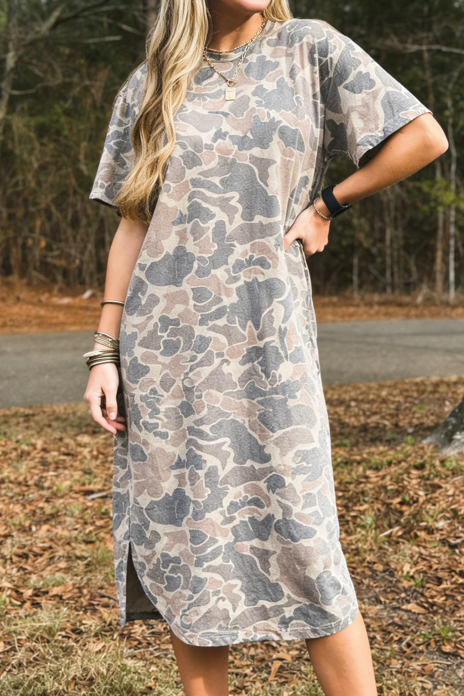 Multicolour Camouflage Print Short Sleeve Drop Shoulder Side Slit Casual Dress