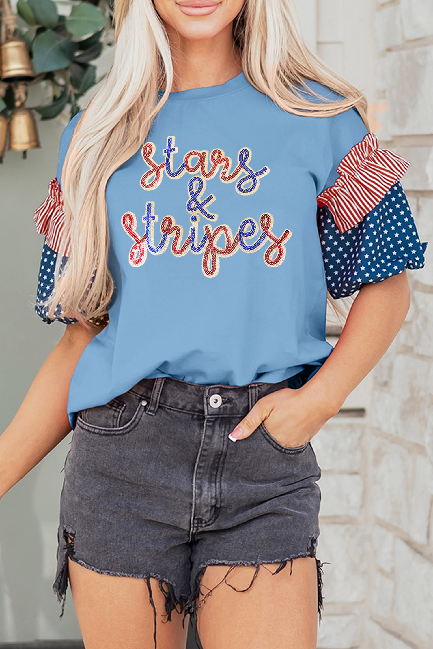 Beau Blue Sequin Stars & Stripes Contrast Patchwork Sleeve Top