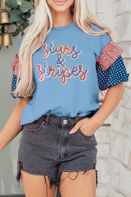 Beau Blue Sequin Stars & Stripes Contrast Patchwork Sleeve Top