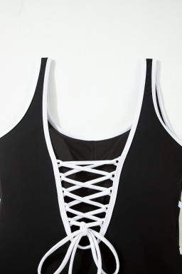 Black Contrast Trim Lace-up Back One Piece Swimsuit