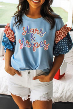 Beau Blue Sequin Stars & Stripes Contrast Patchwork Sleeve Top