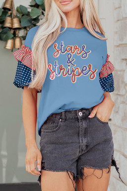 Beau Blue Sequin Stars & Stripes Contrast Patchwork Sleeve Top