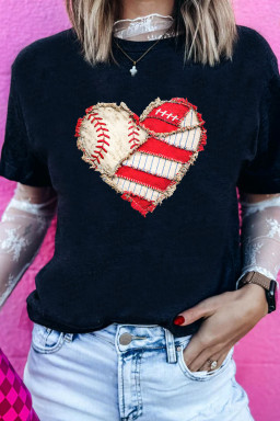 Black Baseball Distressed Heart Print T Shirt