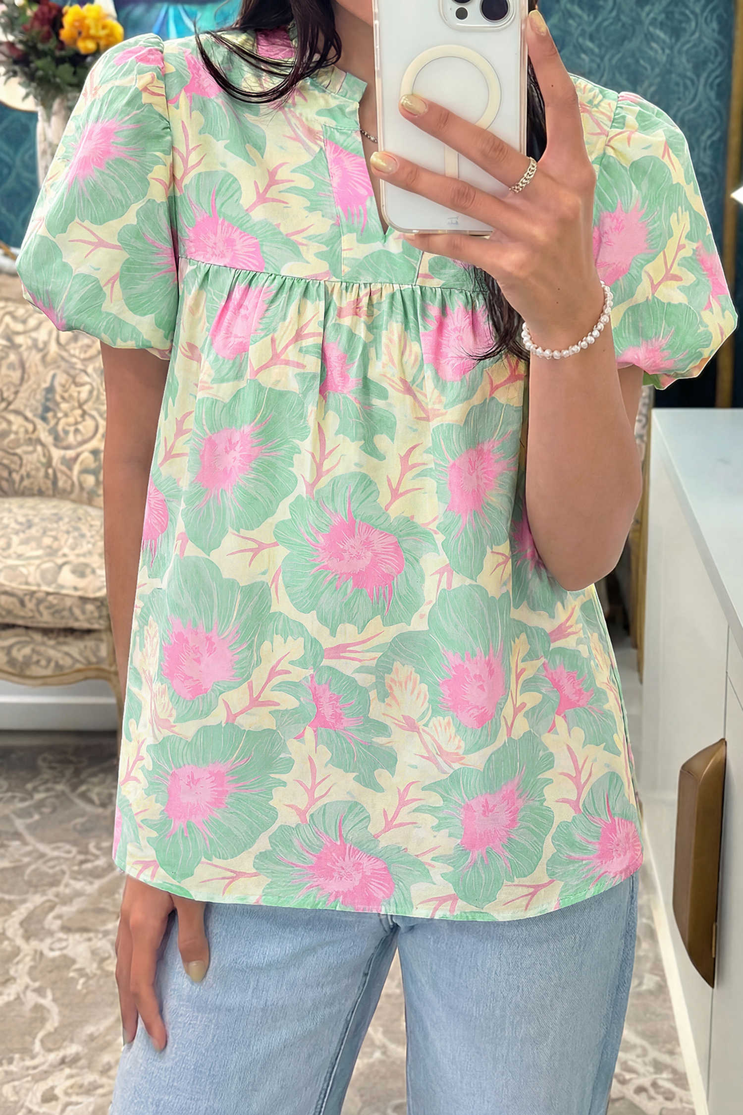 Green Short Bubble Sleeve Summer Floral Blouse