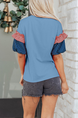 Beau Blue Sequin Stars & Stripes Contrast Patchwork Sleeve Top