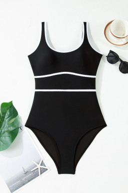 Black Contrast Trim Lace-up Back One Piece Swimsuit