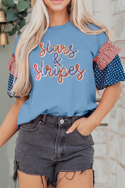 Beau Blue Sequin Stars & Stripes Contrast Patchwork Sleeve Top