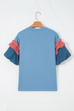 Beau Blue Sequin Stars & Stripes Contrast Patchwork Sleeve Top