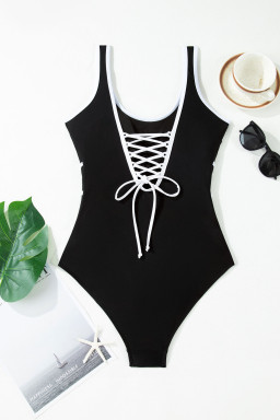 Black Contrast Trim Lace-up Back One Piece Swimsuit