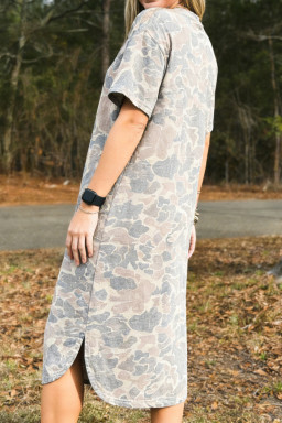 Multicolour Camouflage Print Short Sleeve Drop Shoulder Side Slit Casual Dress