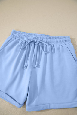 Sky Blue Collared V Neck Tee Drawstring Elastic Waist Shorts 2pcs Outfit