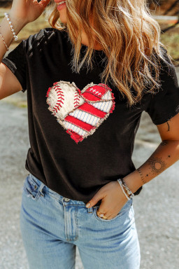 Black Baseball Distressed Heart Print T Shirt