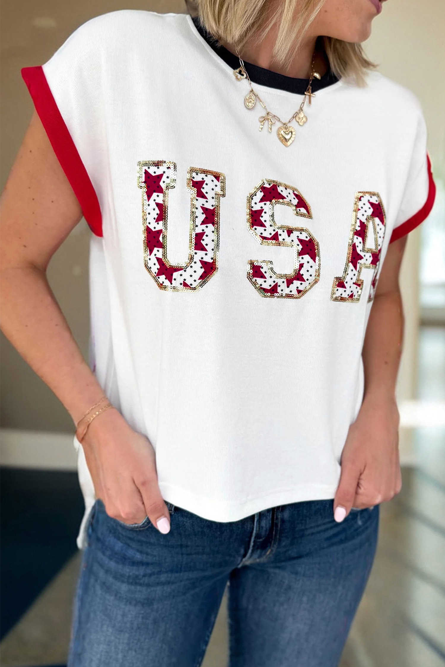 White USA Sequin Color Block Trim Loose T Shirt