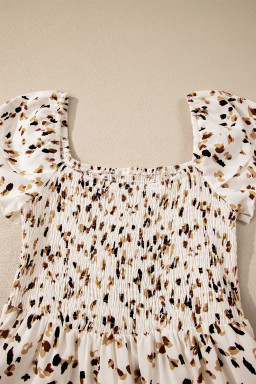 Beige Ditsy Floral Print Smocked Square Neck Ruffle Short Sleeve Dress
