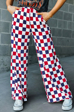 Red 2-Tone Checked Print High Waist Wide Leg Pants