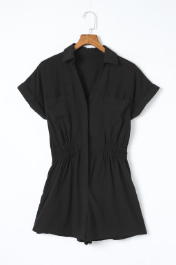 Black Short Sleeve Collared Smocked Waist Side Pocket Romper
