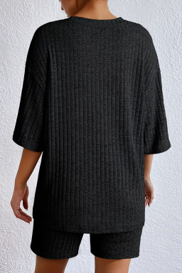 Black Soft Ribbed Loose Tee Slim Shorts 2pcs Sporty Set