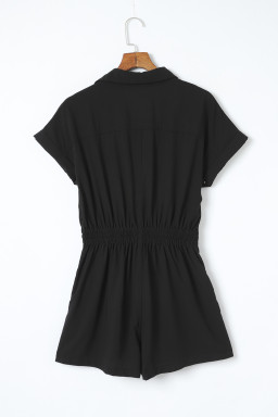 Black Short Sleeve Collared Smocked Waist Side Pocket Romper