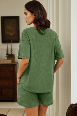 Fern Green Solid Color Waffled V Neck Loose Tee Drawstring Shorts Set