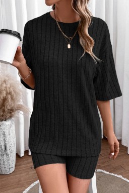 Black Soft Ribbed Loose Tee Slim Shorts 2pcs Sporty Set