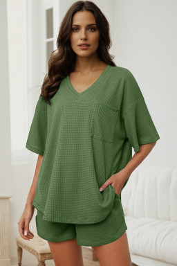 Fern Green Solid Color Waffled V Neck Loose Tee Drawstring Shorts Set