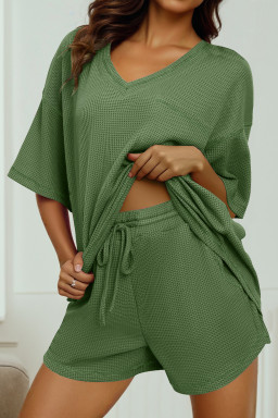 Fern Green Solid Color Waffled V Neck Loose Tee Drawstring Shorts Set