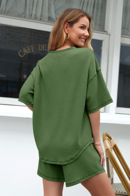 Fern Green Solid Color Waffled V Neck Loose Tee Drawstring Shorts Set