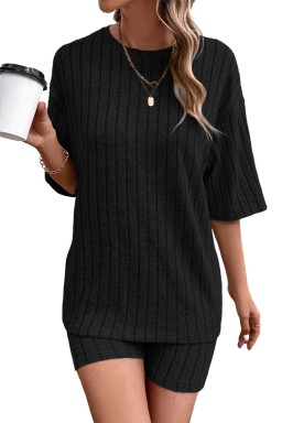 Black Soft Ribbed Loose Tee Slim Shorts 2pcs Sporty Set