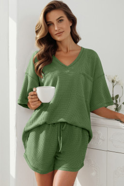 Fern Green Solid Color Waffled V Neck Loose Tee Drawstring Shorts Set