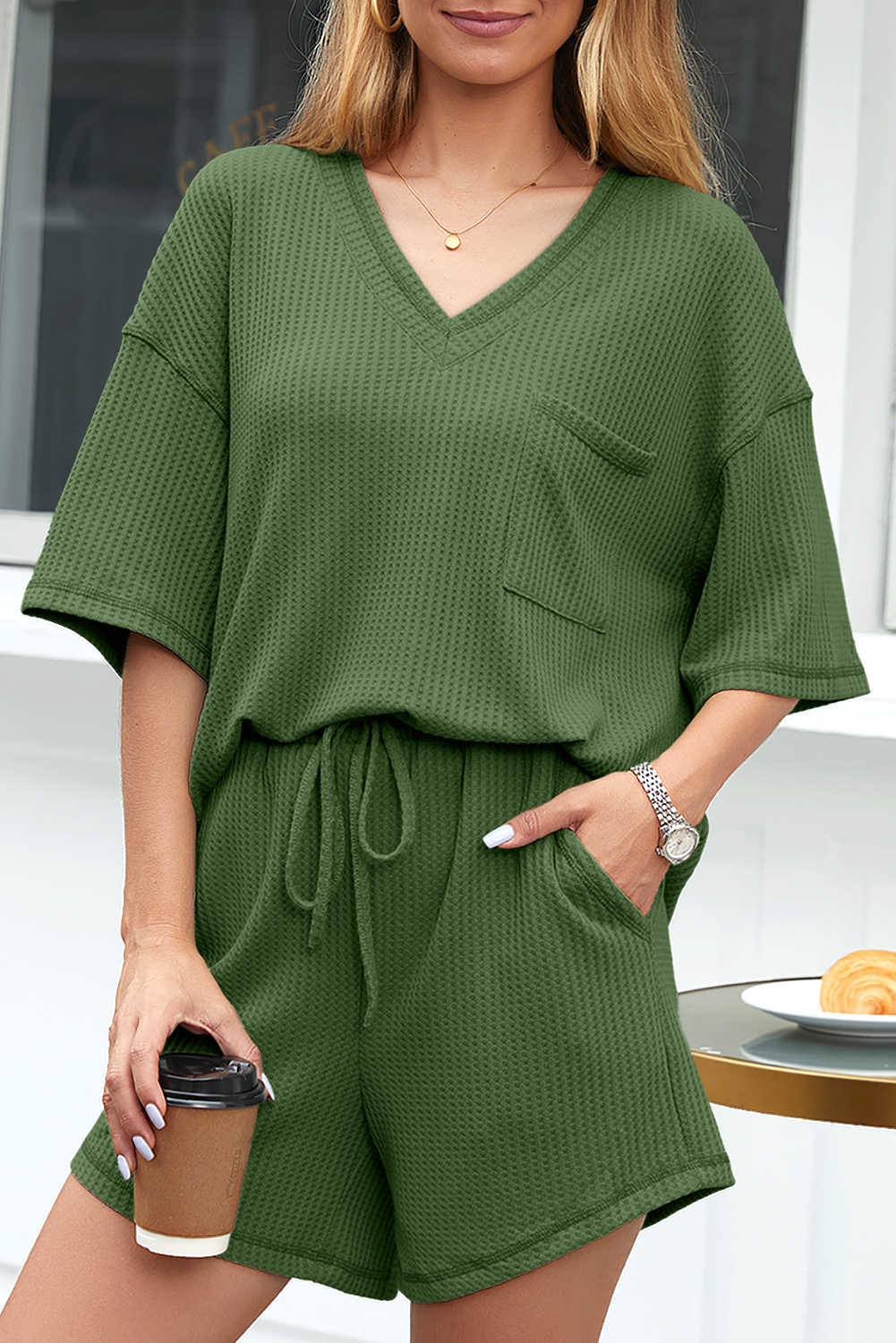 Fern Green Solid Color Waffled V Neck Loose Tee Drawstring Shorts Set