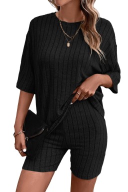 Black Soft Ribbed Loose Tee Slim Shorts 2pcs Sporty Set