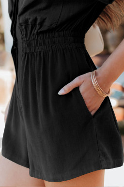 Black Short Sleeve Collared Smocked Waist Side Pocket Romper