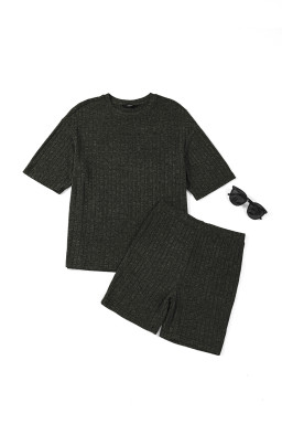 Black Soft Ribbed Loose Tee Slim Shorts 2pcs Sporty Set
