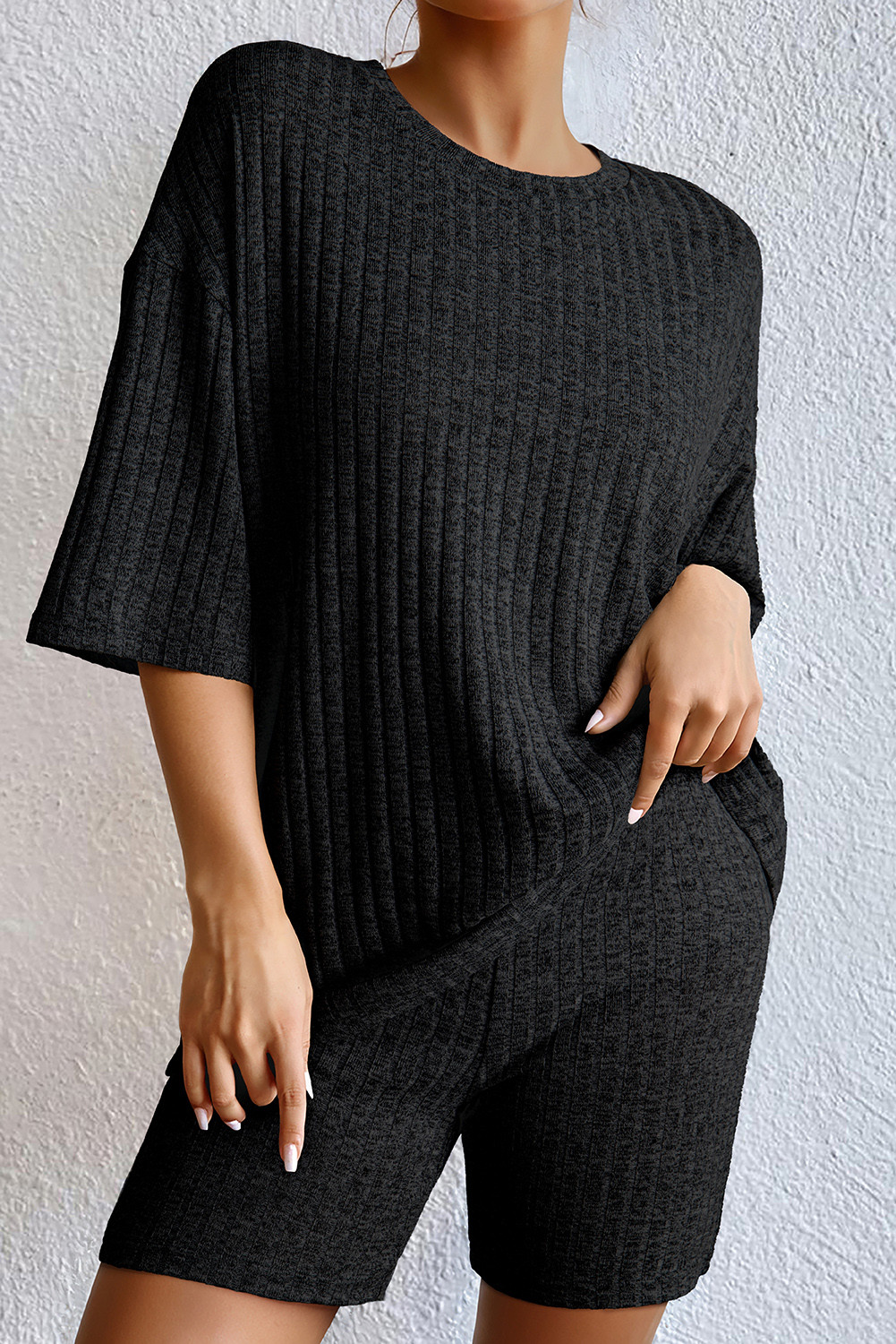 Black Soft Ribbed Loose Tee Slim Shorts 2pcs Sporty Set