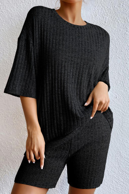 Black Soft Ribbed Loose Tee Slim Shorts 2pcs Sporty Set